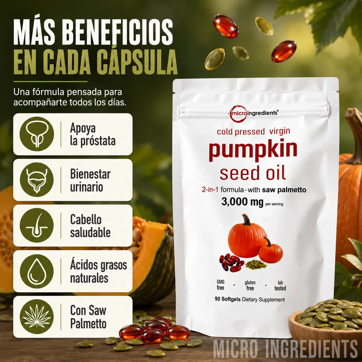 Aceite de Semilla de Calabaza-Fórmula Natural 90 Cápsulas.
