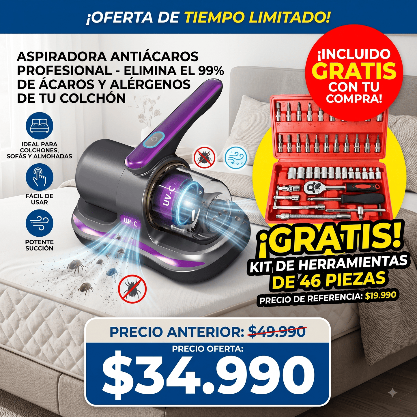 Aspiradora UV 3 en 1 - Elimina Polvo, Ácaros y Pelos en Minutos.