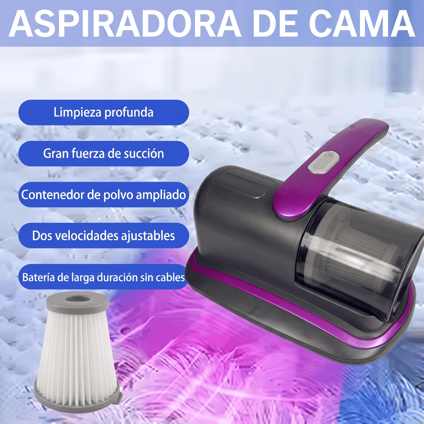 Aspiradora UV 3 en 1 - Elimina Polvo, Ácaros y Pelos en Minutos.