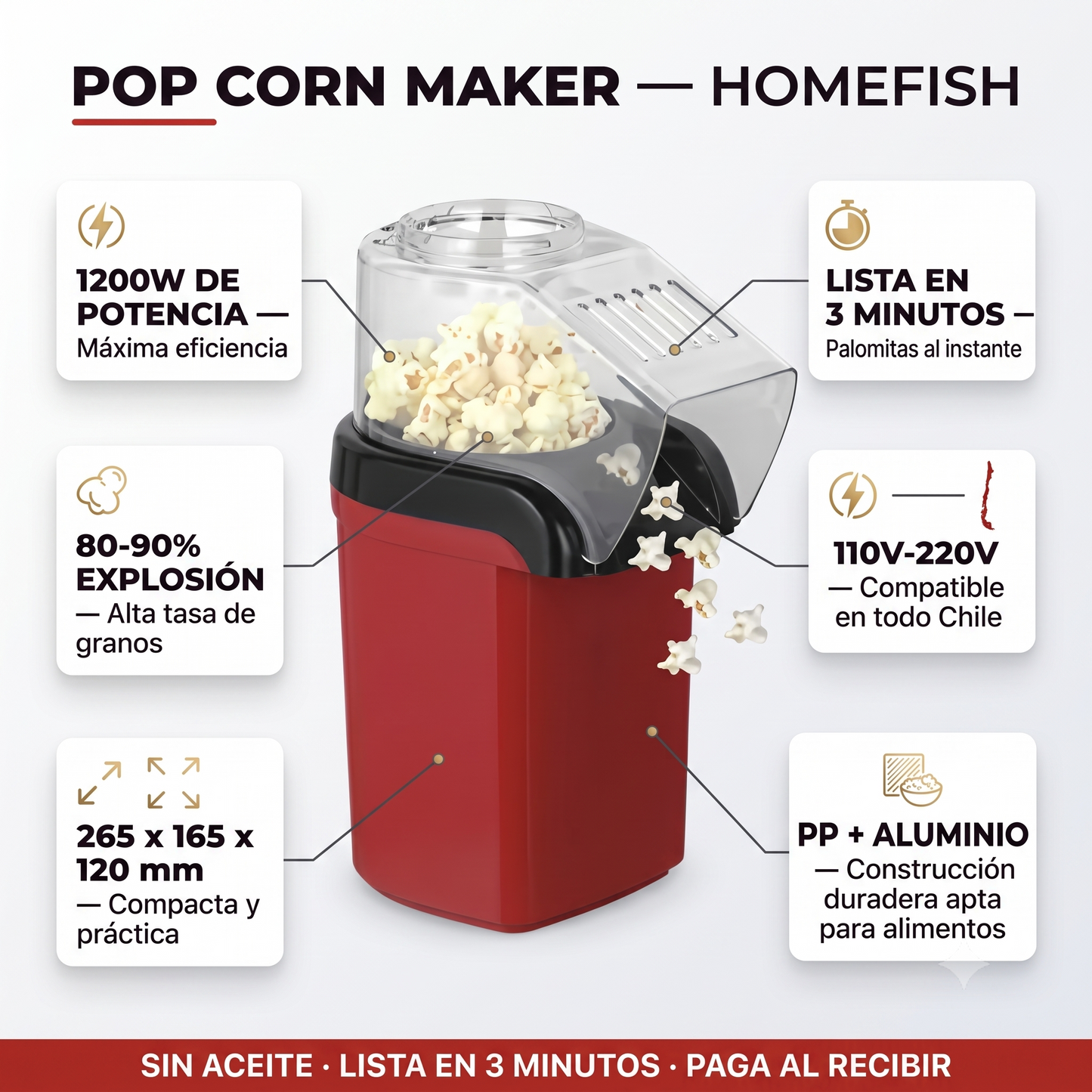 Máquina de Palomitas Sin Aceite — Lista en 3 Minutos.
